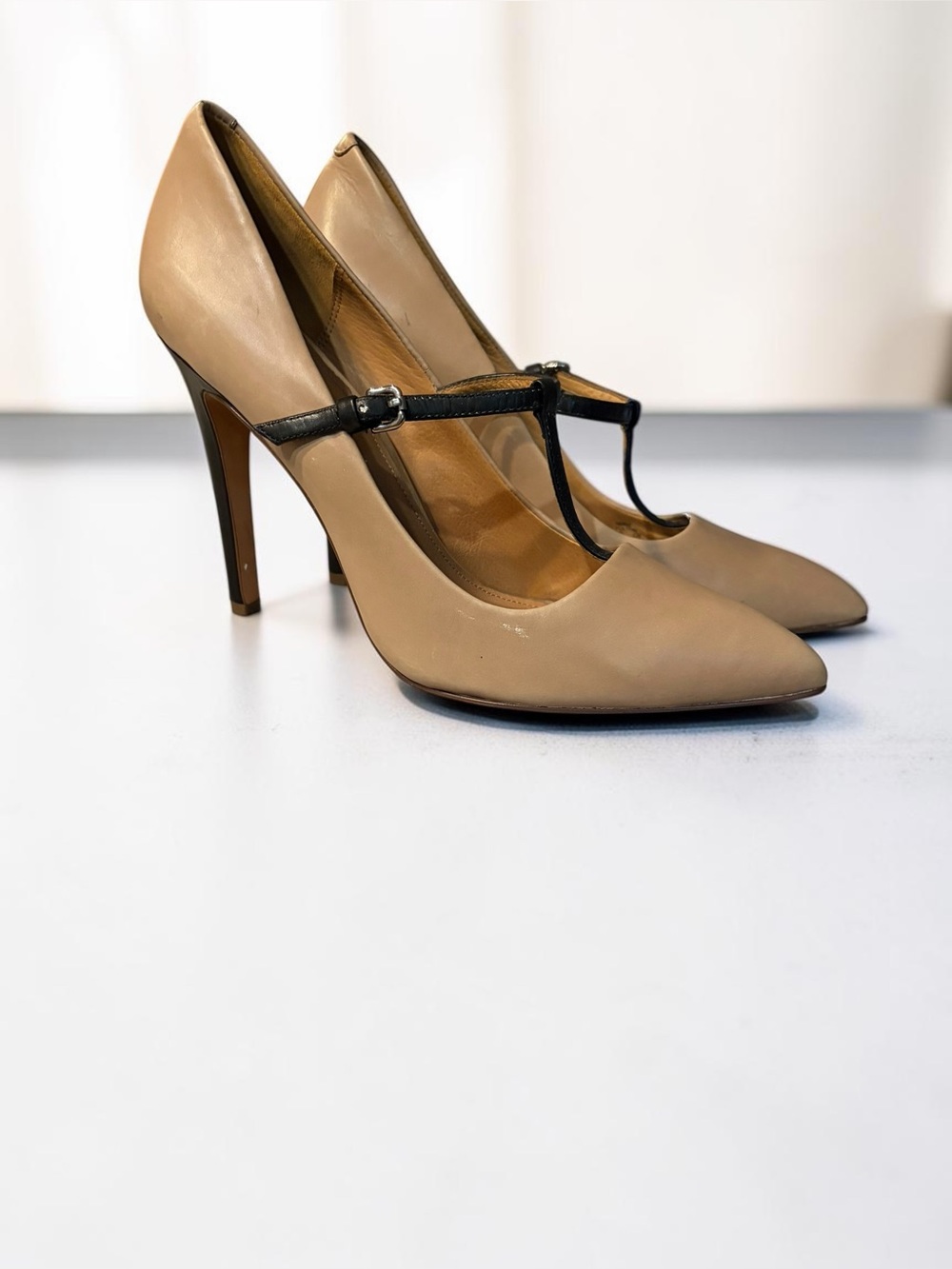 Coach Pink Nude Pointed-Toe T‑Strap Pumps with Black Straps